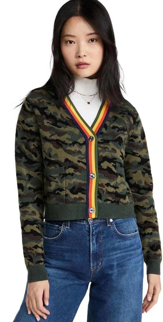 KULE The Jane Cropped Camo Cardigan Sweater Rainbow Striped Trim Wool Blend Sz S